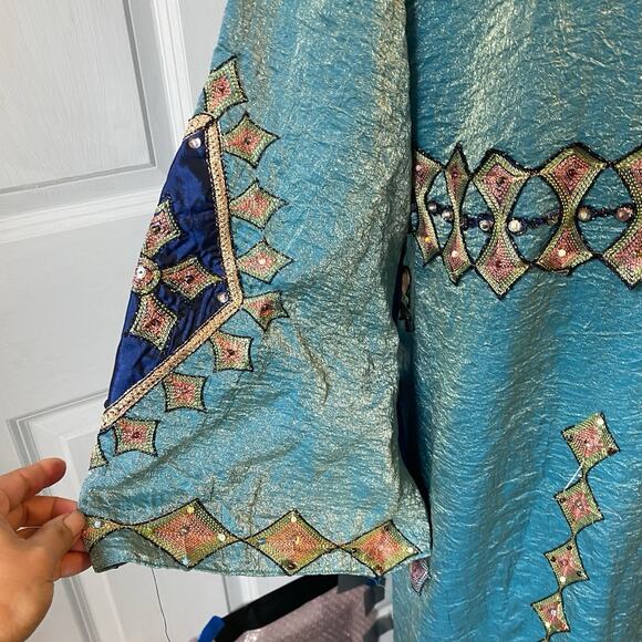 VTG Palestinian Silky Sequin Embroidered Thobe Traditional Tatreez Boho Dress XL - Picture 6 of 11